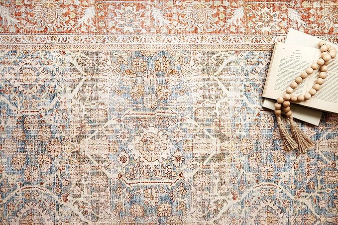 Loloi Layla Collection LAY-04 Ocean/Rust 2'-3" x 3'-9" .13" Thick Accent Rug, Soft, Durable, Vintage Inspired, Distressed, Low Pile, Non-Shedding, Easy Clean, Printed, Living Room Rug