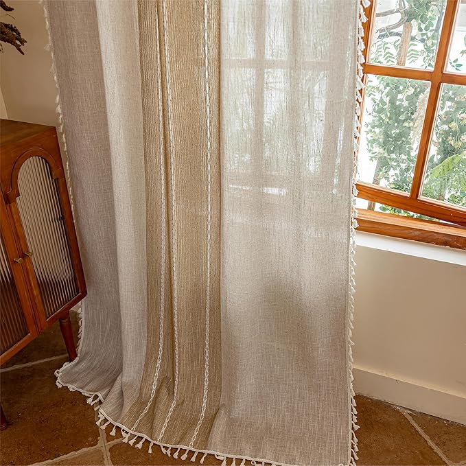 Sutuo Home Boho Curtains for Bedroom Dining Room,Farmhouse Vintage Chic Light Filtering Tassels Window Treatment Bohemian Privacy Rustic Caramel Drape, Rod Pocket 1 Panel 52" W x 102" L, Khaki Linen