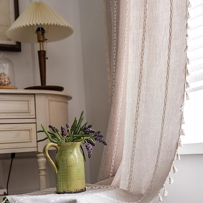 Sutuo Home Boho Curtains for Bedroom 96 Inches Long, Light Filtering Farmhouse Vintage Shabby Chic Tassels Window Treatment Bohemian Embroidery Drape, Rod Pocket 1 Panel 52" W x 96" L, Taupe