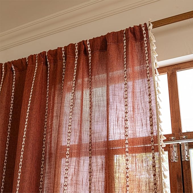 Sutuo Home Boho Window Curtains for Nursery Kid's Room, Burnt Orange Light Filtering Linen Farmhouse Privacy Window Treatment Bohemian Embroidery Strips, Rod Pocket 1 Panel 52" W x 72" L, Terracotta