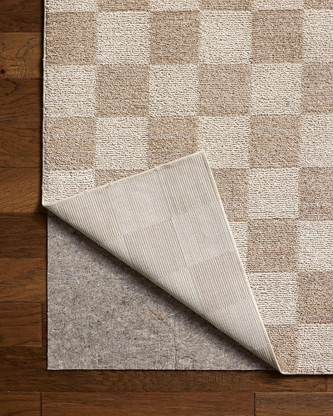 Loloi Chris Loves Julia Calvin Collection CLV-01 Pebble/Ivory 9'-6" x 12'-6" Area Rug Checkered Neutral Soft Living Room Bedroom Carpet