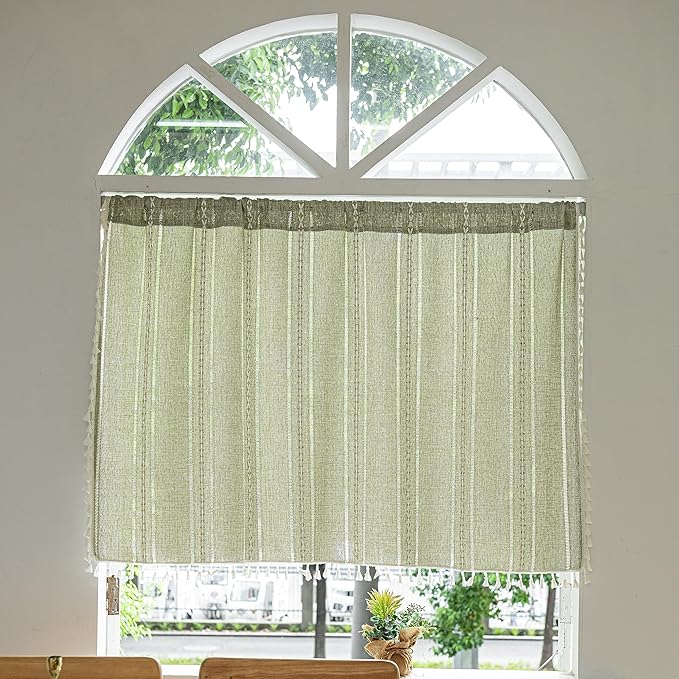 Sutuo Home Green Boho Curtain 52W x 18L inch White Striped Light Filtering Short Valance, 1 Panel Embroidery Bohemian Farmhouse Country Kitchen Window Treatment Decor for Small Closet