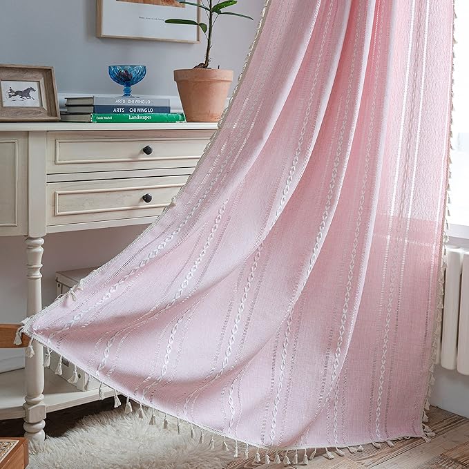 Sutuo Home Boho Curtains for Bedroom Living Room Nursery Kitchen, Light Filtering Country Farmhouse Vintage Chic Tassels Hollow Window Treatment Bohemian Drape, 1 Panel 52" W x 63" L, Pink