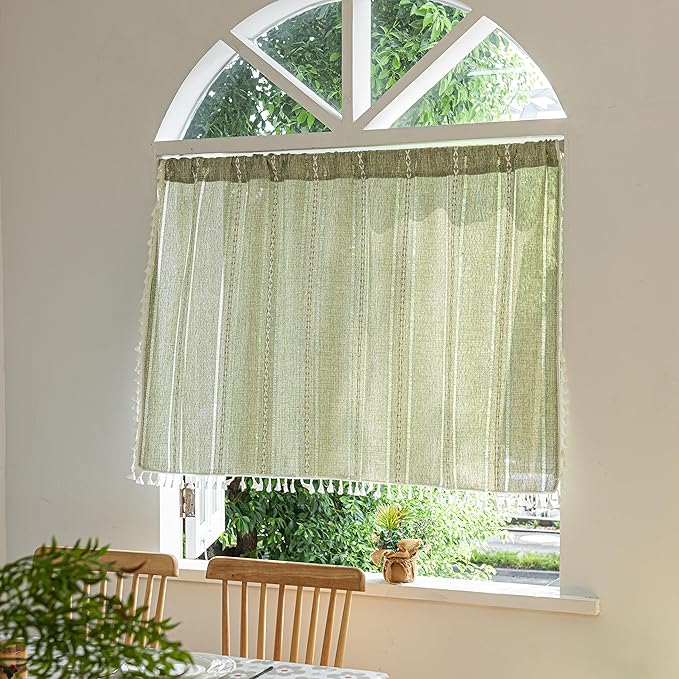 Sutuo Home Green Boho Curtain 52W x 36L inch White Striped Light Filtering Short Valance Tier, 1 Panel Embroidery Bohemian Farmhouse Country Kitchen Window Treatment Decor for Small Closet