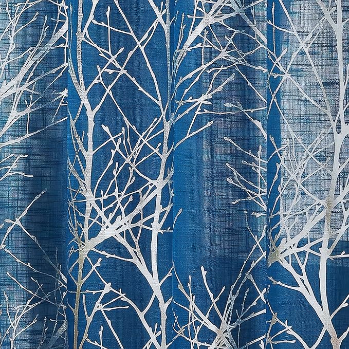 FMFUNCTEX Linen Semi Sheer Curtains for Bedroom & Living Room, Silver Metallic Print Navy Blue Tree Panel, Light Filtering, 63 Inches Long, 2 Panels