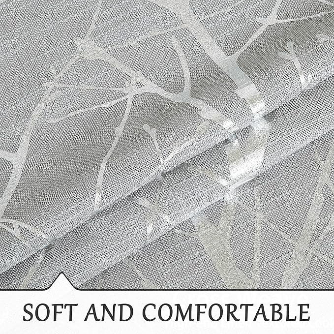 FMFUNCTEX Linen Semi Sheer Curtains for Bedroom & Living Room, Silver Metallic Print Grey Tree Panel, Light Filtering, 96 Inches Long, 2 Panels