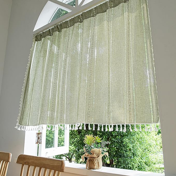 Sutuo Home Green Boho Curtain 52W x 18L inch White Striped Light Filtering Short Valance, 1 Panel Embroidery Bohemian Farmhouse Country Kitchen Window Treatment Decor for Small Closet