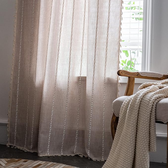 Sutuo Home Boho Curtains for Bedroom Living Room 63 Inch Length, Light Filtering French Country Farmhouse Vintage Shabby Chic Tassels Window Treatment Bohemian Drape, 1 Panel 52" W x 63" L, Taupe