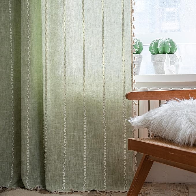 Sutuo Home Boho Curtains for Bedroom Living Room 63 Inch Length, Light Filtering French Country Farmhouse Vintage Chic Tassels Window Treatment Bohemian Drape, 1 Panel 52" W x 63" L, Sage Green