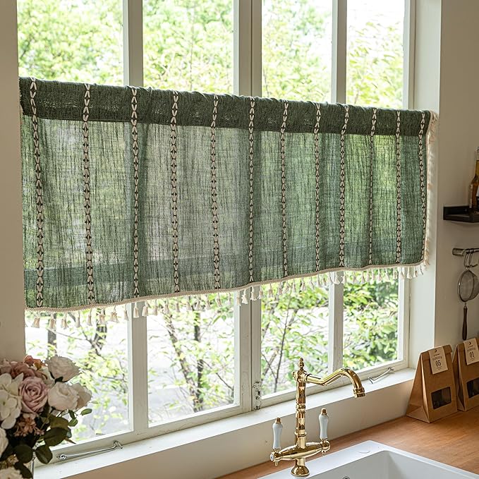 Sutuo Home Olive Green Boho Short Curtains Valance with Tassles, Bohemian Linen Light Filtering Vintage French Country Christmas Window Treatment Embroidery Drape, Rod Pocket 1 Panel 52" W x 18" L