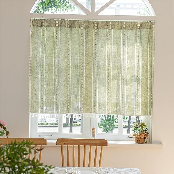 Sutuo Home Green Boho Curtain 52W x 36L inch White Striped Light Filtering Short Valance Tier, 1 Panel Embroidery Bohemian Farmhouse Country Kitchen Window Treatment Decor for Small Closet