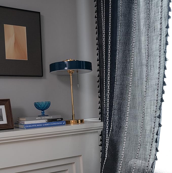 Sutuo Home Black Boho Curtains for Bedroom Living Room, Semi Blackout Linen Farmhouse Tassels Window Treatment Bohemian Embroidery Drape for Halloween Decor, Rod Pocket 1 Panel 52" W x 72" L