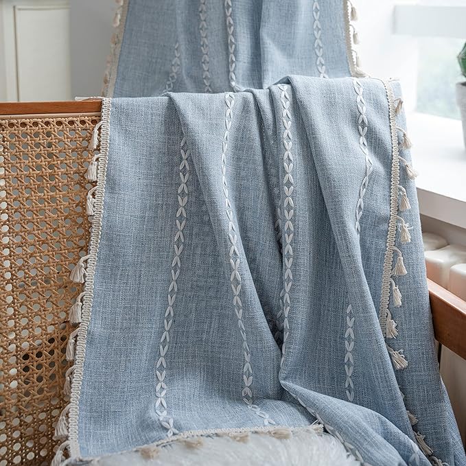 Sutuo Home Boho Curtains for Bedroom Dining Room, Light Filtering Farmhouse Vintage Chic Tassels Window Treatment Bohemian Embroidery Drape, Rod Pocket 1 Panel 52" W x 108" L, Blue
