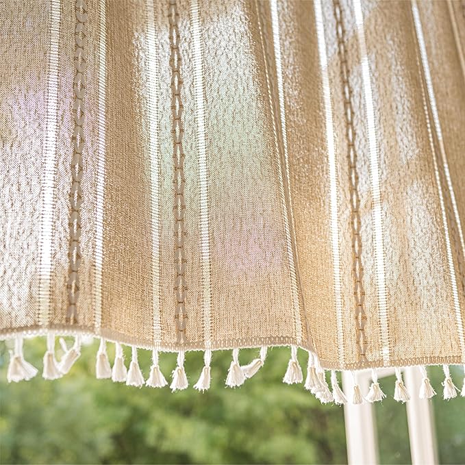 Sutuo Home Boho Curtains Valance 18 inch for Cafe Kitchen Doorway Closet, Short Linen Farmhouse Chic Tassels Window Treatment Bohemian Embroidery Drape, Rod Pocket 1 Panel 52" W x 18" L, Natural