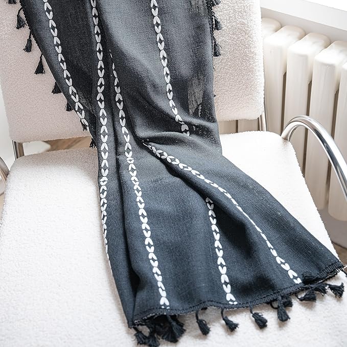 Sutuo Home Black Boho Curtains for Bedroom Living Room, Semi Blackout Linen Farmhouse Tassels Window Treatment Bohemian Embroidery Drape for Halloween Decor, Rod Pocket 1 Panel 52" W x 72" L