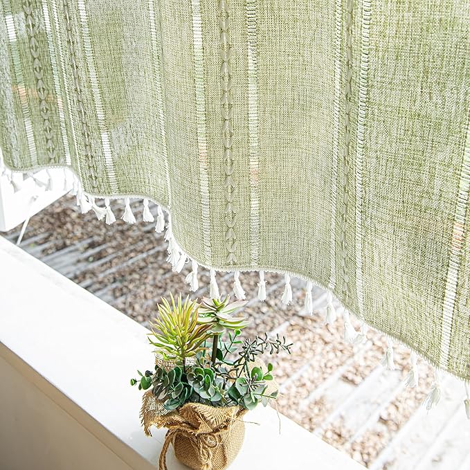 Sutuo Home Green Boho Curtain 52W x 36L inch White Striped Light Filtering Short Valance Tier, 1 Panel Embroidery Bohemian Farmhouse Country Kitchen Window Treatment Decor for Small Closet