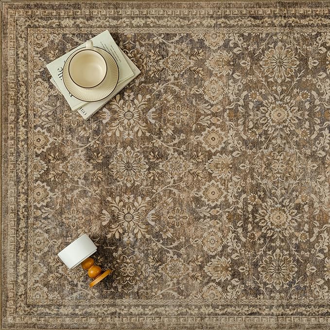 8x10 Vintage Area Rug Brown Washable Living Room Large Non Slip Carpet Bedroom Indoor Office Low Pile Traditional Distressed Retro Floral Accent Rug for Dining Room