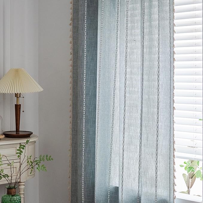 Sutuo Home Boho Curtain for Bedroom Living Room Kitchen, Semi Blackout Linen Farmhouse Shabby Chic Tassels Window Treatment Bohemian Embroidery Drape, Rod Pocket 1 Panel 52" W x 84" L, Greyish Blue