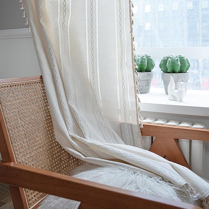 Sutuo Home Boho Curtain for Kitchen Cafe 63 Inches Long, Semi-Blackout Rustic Country Linen Embroidery Vintage Tassels Hollow Window Treatment Bohemian Drape, 1 Panel 52" W x 63" L, Ivory