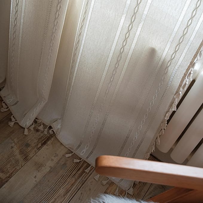Sutuo Home Boho Curtain for Bedroom 96 Inches Long, Semi-Blackout Rustic Country Linen Embroidery Vintage Tassels Hollow Window Treatment Bohemian Drape, 1 Panel 52" W x 96" L, Ivory