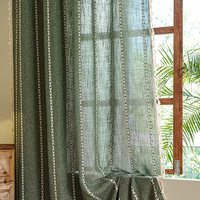 Sutuo Home Olive Green Boho Curtains for Living Room Bedroom, Bohemian Light Filtering Linen Country Vintage Christmas Decor Tassels Window Treatment Embroidery Drape, Rod Pocket 1 Panel 52" W x 84" L
