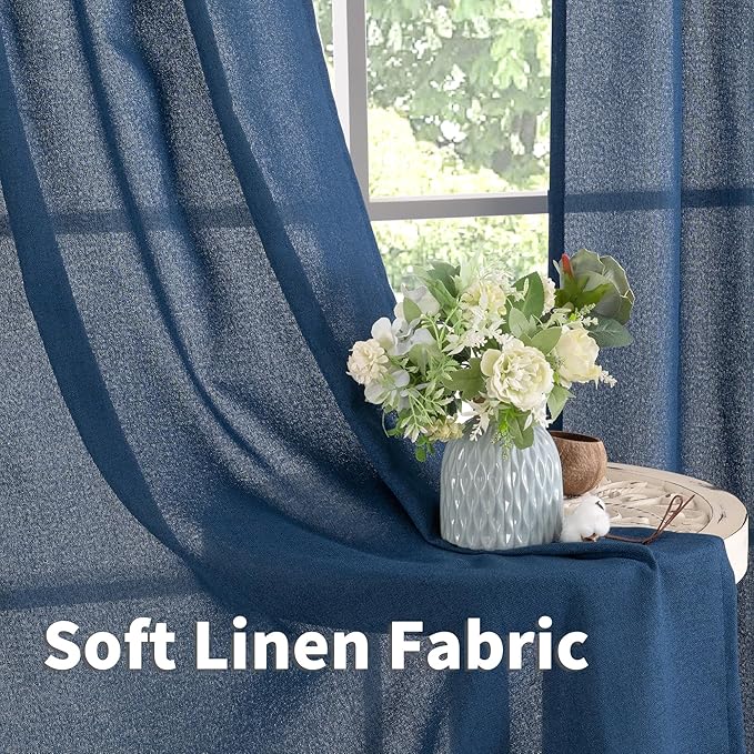 YoungsTex Navy Blue Linen Kitchen Window Curtains 40 Inch Length, Short Light Filtering Drapes Semi Sheer with Bronze Grommet Privacy for Cafe Bathroom Windows, 42 x 40 Inch, 2 Panels