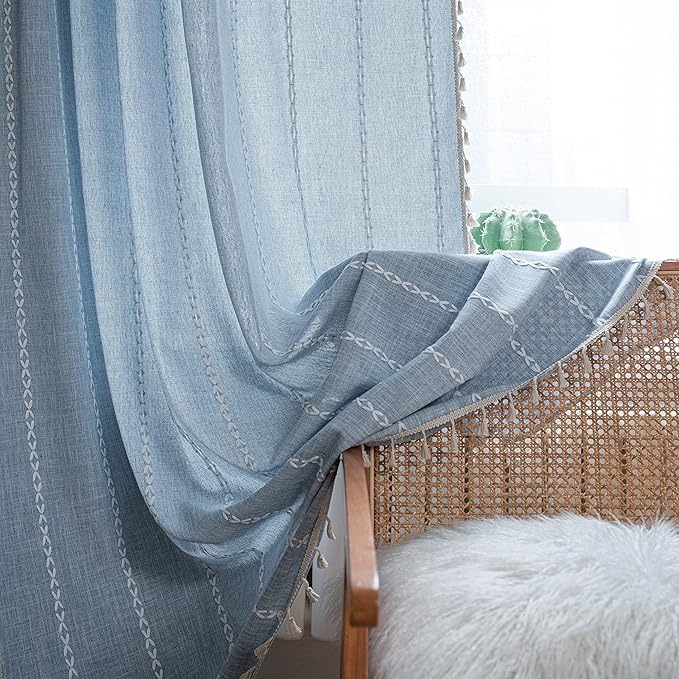 Sutuo Home Boho Curtains for Bedroom Dining Room, Light Filtering Farmhouse Vintage Chic Tassels Window Treatment Bohemian Embroidery Drape, Rod Pocket 1 Panel 52" W x 108" L, Blue