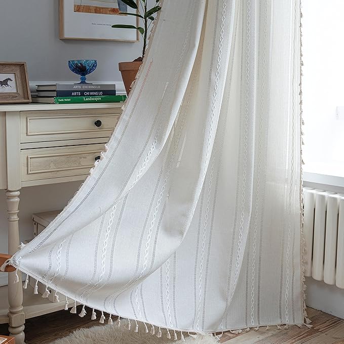 Sutuo Home Boho Curtain for Bedroom Living Room 72 Inches Long, Semi-Blackout Rustic Country Linen Embroidery Vintage Tassels Hollow Window Treatment Bohemian Drape, 1 Panel 52" W x 72" L, Ivory