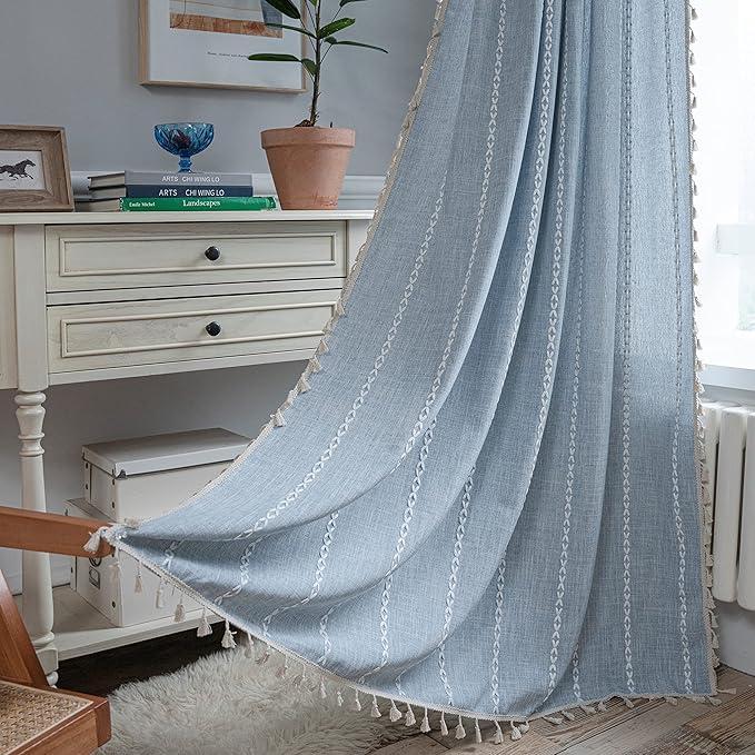 Sutuo Home Boho Curtains for Bedroom Dining Room, Light Filtering Farmhouse Vintage Chic Tassels Window Treatment Bohemian Embroidery Drape, Rod Pocket 1 Panel 52" W x 108" L, Blue
