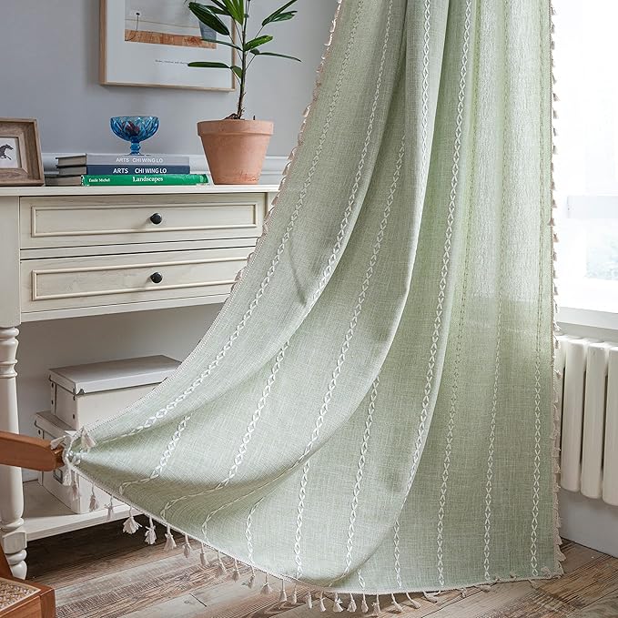 Sutuo Home Boho Curtain for Bedroom 84 Inch Length, Light Filtering Farmhouse Vintage Chic Tassels Window Treatment Bohemian Embroidery Drape, Rod Pocket 1 Panel 52" W x 84" L, Sage Green