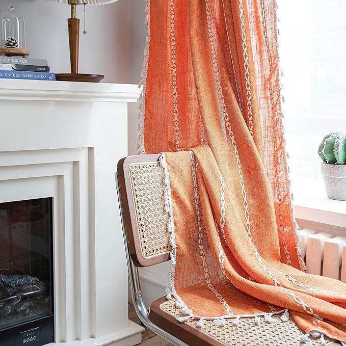 Sutuo Home Boho Curtains for Bedroom Living Room, Semi Blackout Linen Farmhouse Tassels Extra Long Window Treatment Bohemian Embroidery Drape for Fall Decor, Rod Pocket 1 Panel 52" W x 108" L,Orange