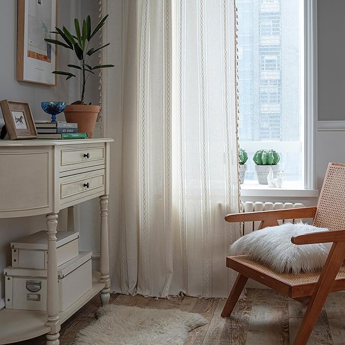 Sutuo Home Boho Curtain for Kitchen Cafe 63 Inches Long, Semi-Blackout Rustic Country Linen Embroidery Vintage Tassels Hollow Window Treatment Bohemian Drape, 1 Panel 52" W x 63" L, Ivory