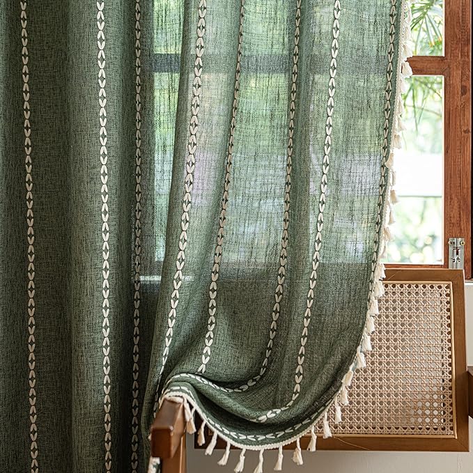 Sutuo Home Boho Curtains for Bedroom Dining Room, Semi Blackout Linen Farmhouse Vintage Chic Tassels Privacy Window Treatment Bohemian Embroidery Drape, Rod Pocket 1 Panel 52" W x 96" L, Olive Green