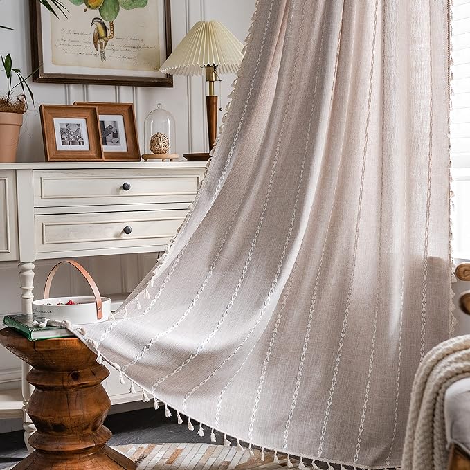 Sutuo Home Boho Curtains for Bedroom 96 Inches Long, Light Filtering Farmhouse Vintage Shabby Chic Tassels Window Treatment Bohemian Embroidery Drape, Rod Pocket 1 Panel 52" W x 96" L, Taupe