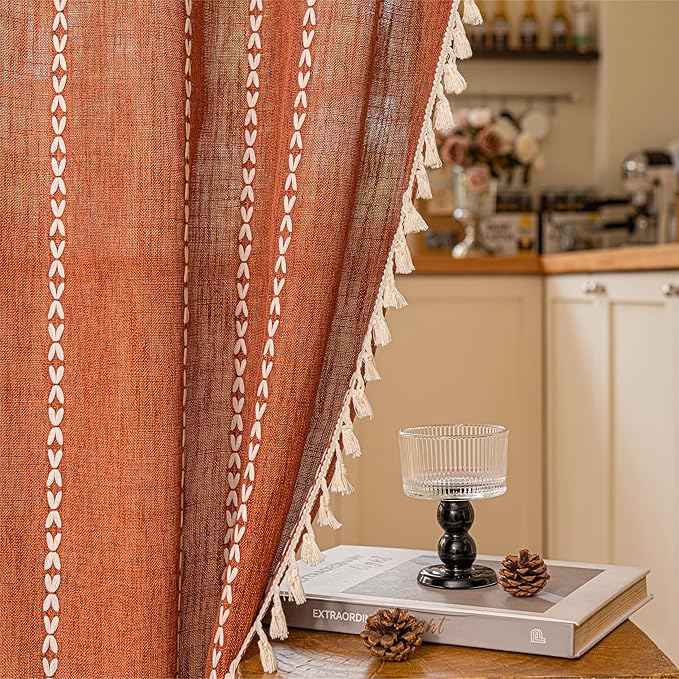Sutuo Home Boho Sliding Door Curtains for Door Window, Bohemian Linen Tassles Light Filtering Temporary Room Privacy Dividers for Bedroom Living Room, Rod Pocket 1 Panel 37" W x 80" L, Terracotta