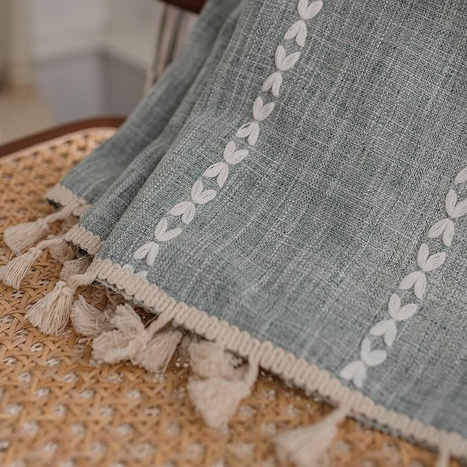 Sutuo Home Boho Curtains for Bedroom Living Room Kitchen, Semi Blackout Linen Farmhouse Shabby Chic Tassels Window Treatment Bohemian Embroidery Drape, Rod Pocket 1 Panel 52" W x 90" L, Greyish Blue