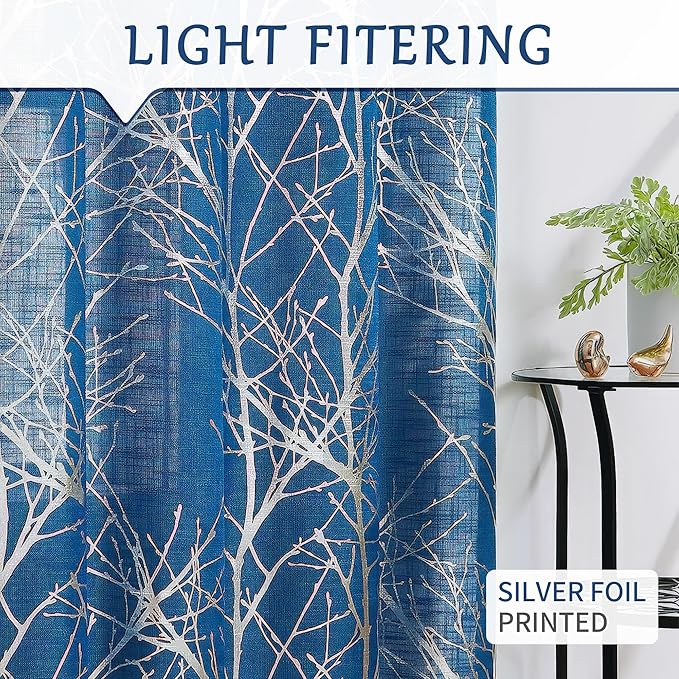 FMFUNCTEX Linen Semi Sheer Curtains for Bedroom and Living Room - Silver Foil Metallic Print Navy Blue Tree Panel, 96 Inches Long, Light Filtering, Grommet Top, 2 Panels
