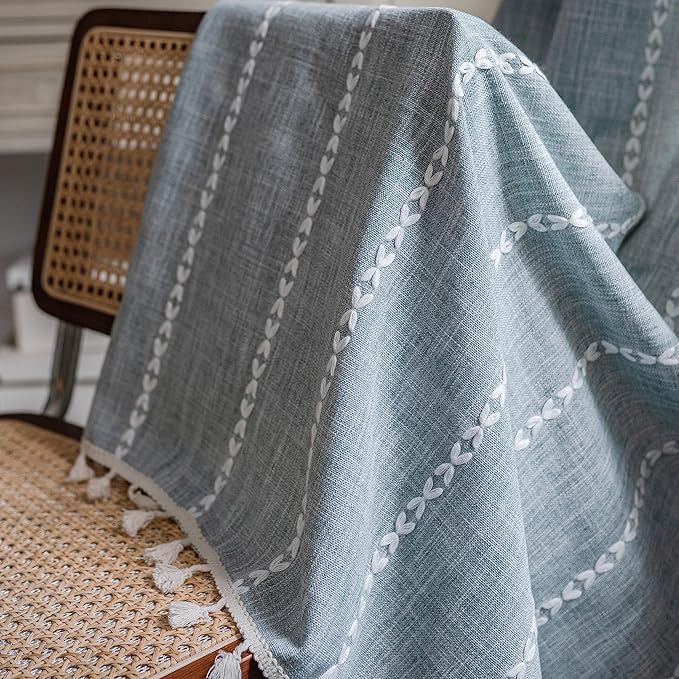 Sutuo Home Boho Curtain for Bedroom Living Room Kitchen, Semi Blackout Linen Farmhouse Shabby Chic Tassels Window Treatment Bohemian Embroidery Drape, Rod Pocket 1 Panel 52" W x 84" L, Greyish Blue