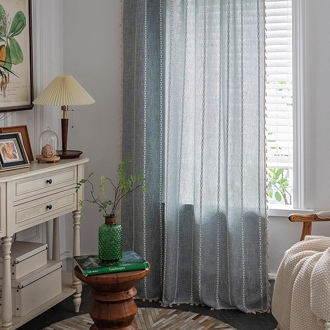 Sutuo Home Boho Curtains for Bedroom Living Room Kitchen, Semi Blackout Linen Farmhouse Shabby Chic Tassels Window Treatment Bohemian Embroidery Drape, Rod Pocket 1 Panel 52" W x 90" L, Greyish Blue