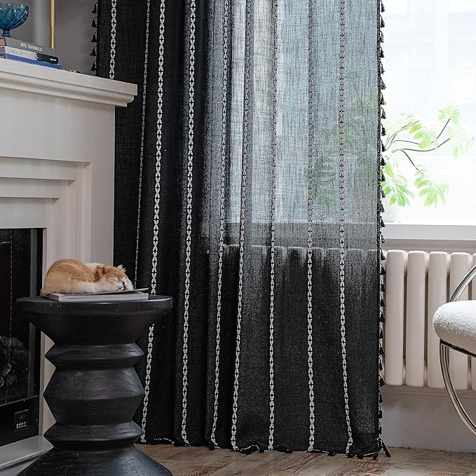 Sutuo Home Boho Curtains for Bedroom Living Room Kitchen, Semi Blackout Linen Farmhouse Shabby Chic Tassels Window Treatment Bohemian Embroidery Drape, Rod Pocket 1 Panel 52" W x 96" L, Black