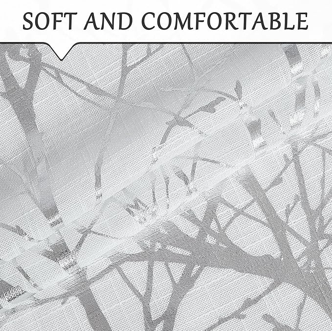FMFUNCTEX Linen Semi Sheer Curtains for Living Room & Bedroom, Silver Metallic Print White Tree Panel, Light Filtering, 63 Inches Long, 2 Panels