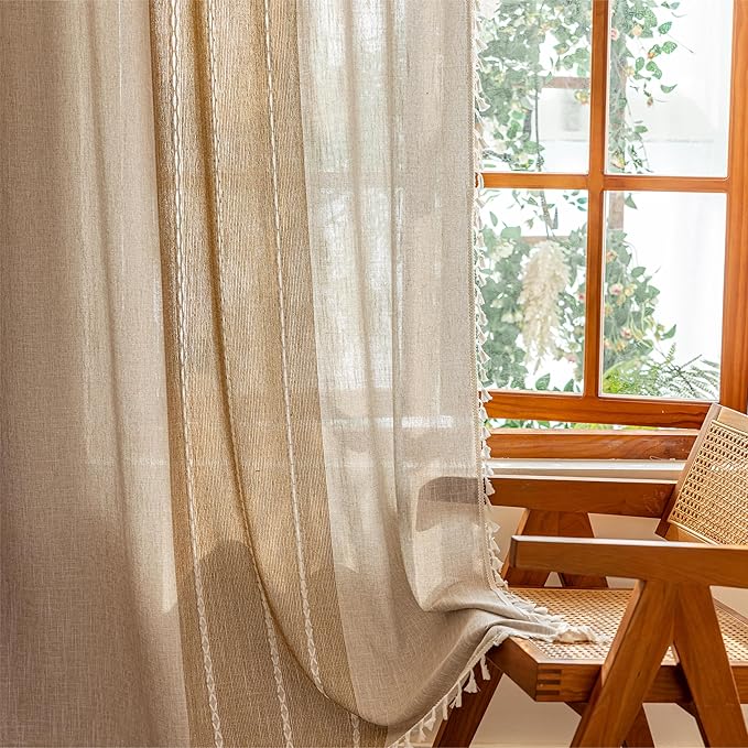 Sutuo Home Boho Curtains 84 inches Long for Living Room Dining Room,Light Filtering Farmhouse Vintage Chic Tassels Window Treatment Bohemian Privacy Drape Decor, Rod Pocket 1 Panel 52" W, Khaki Linen
