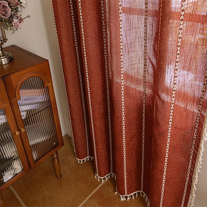 Sutuo Home Boho Window Curtains for Nursery Kid's Room, Burnt Orange Light Filtering Linen Farmhouse Privacy Window Treatment Bohemian Embroidery Strips, Rod Pocket 1 Panel 52" W x 72" L, Terracotta