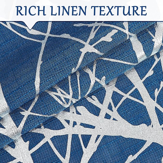 FMFUNCTEX Linen Semi Sheer Curtains for Bedroom & Living Room, Silver Metallic Print Navy Blue Tree Panel, Light Filtering, 63 Inches Long, 2 Panels