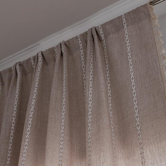 Sutuo Home Boho Curtains for Bedroom Living Room 63 Inch Length, Light Filtering French Country Farmhouse Vintage Shabby Chic Tassels Window Treatment Bohemian Drape, 1 Panel 52" W x 63" L, Taupe
