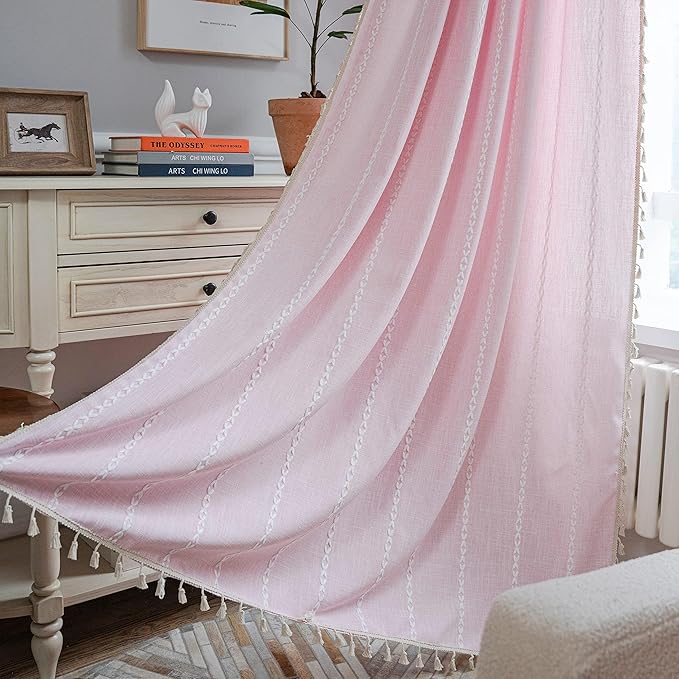 Sutuo Home Boho Curtain for Girl's Bedroom 108 Inches Long, Light Filtering Farmhouse Shabby Chic Tassels Window Treatment Bohemian Embroidery Drape, Rod Pocket 1 Panel 52" W x 108" L, Pink