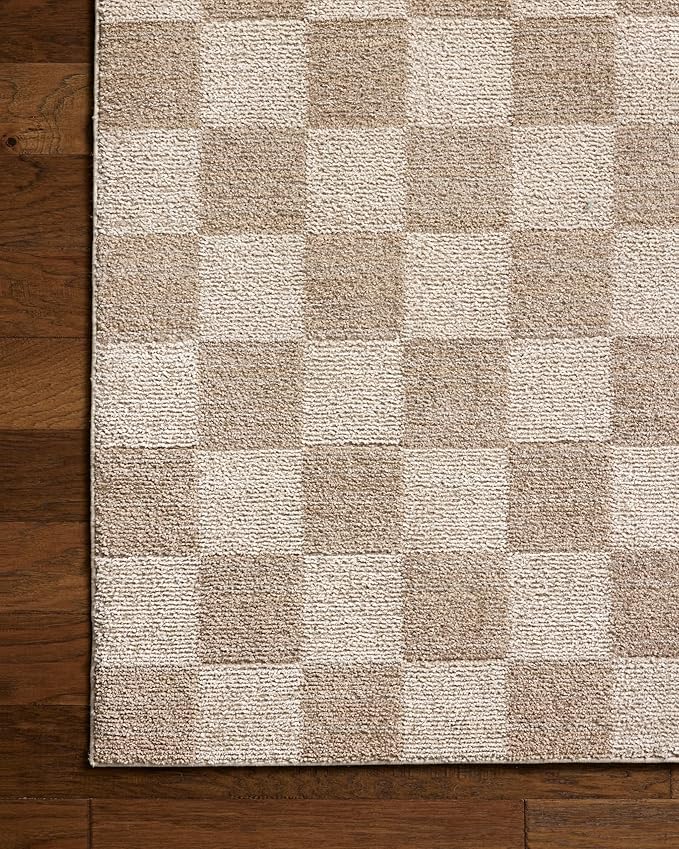 Loloi Chris Loves Julia Calvin Collection CLV-01 Pebble/Ivory 5'-3" x 5'-3" Round Area Rug Checkered Neutral Soft Living Room Bedroom Carpet