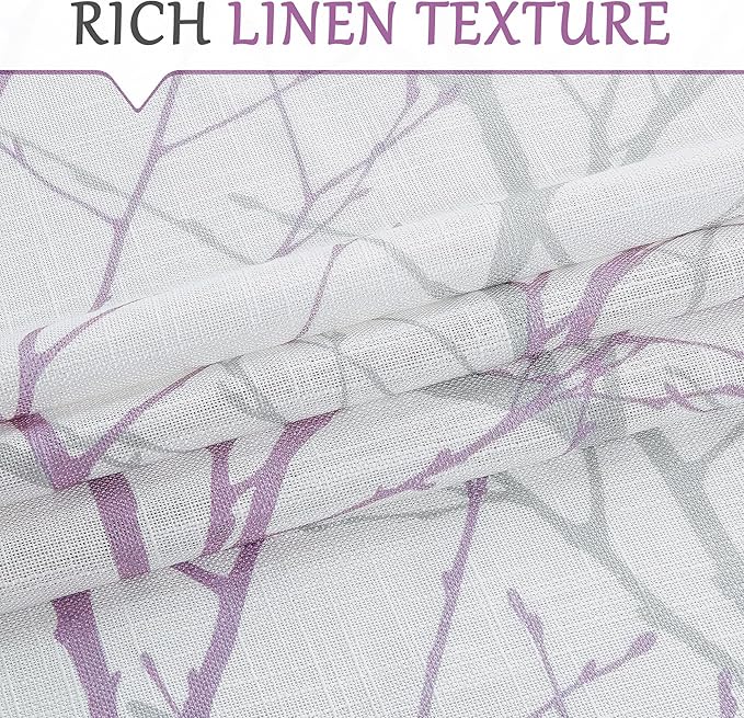 FMFUNCTEX Linen Semi Sheer Curtains for Bedroom, Lilac White Curtains 96 Inches Long for Living Room, Grey Tree Branch Patterned Curtain Light Filtering Farmhouse Window Drapes, Grommet Top 2 Panels
