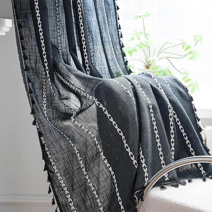 Sutuo Home Black Boho Curtains for Bedroom Living Room, Semi Blackout Linen Farmhouse Tassels Window Treatment Bohemian Embroidery Drape for Halloween Decor, Rod Pocket 1 Panel 52" W x 72" L