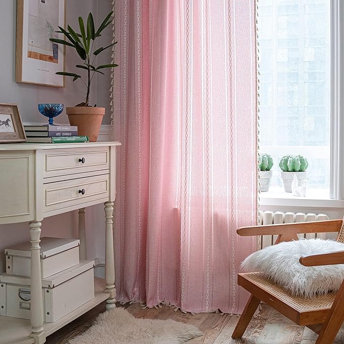Sutuo Home Boho Curtain for Bedroom Living Room Nursery Kitchen, Light Filtering Country Farmhouse Vintage Chic Tassels Hollow Window Treatment Bohemian Drape, 1 Panel 52" W x 108" L, Pink